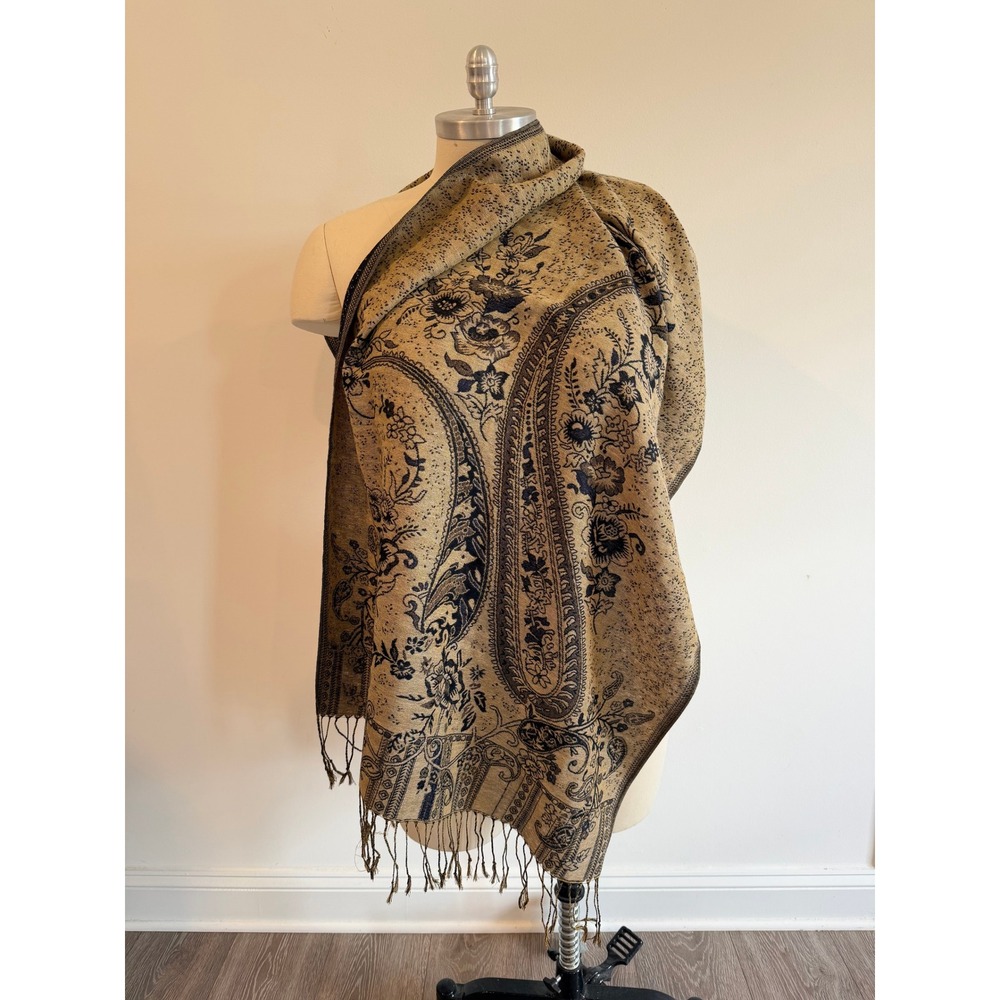 Gold Black Paisley Pashmina Scarf Reversible Floral Fringe Shawl Wrap
